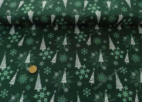 Winterwald grün Weihnachtsstoff  Baumwolle Webware mit Tannenbäume